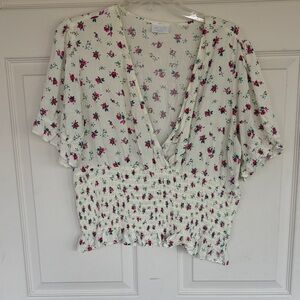 Abound Cream Floral Smocked V-Neck Crop Top with Pink Flowers